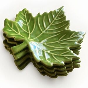 FENGXI MEIGUANG Pottery Art Green Maple Leaves Set of Four 8" Plates No Chips